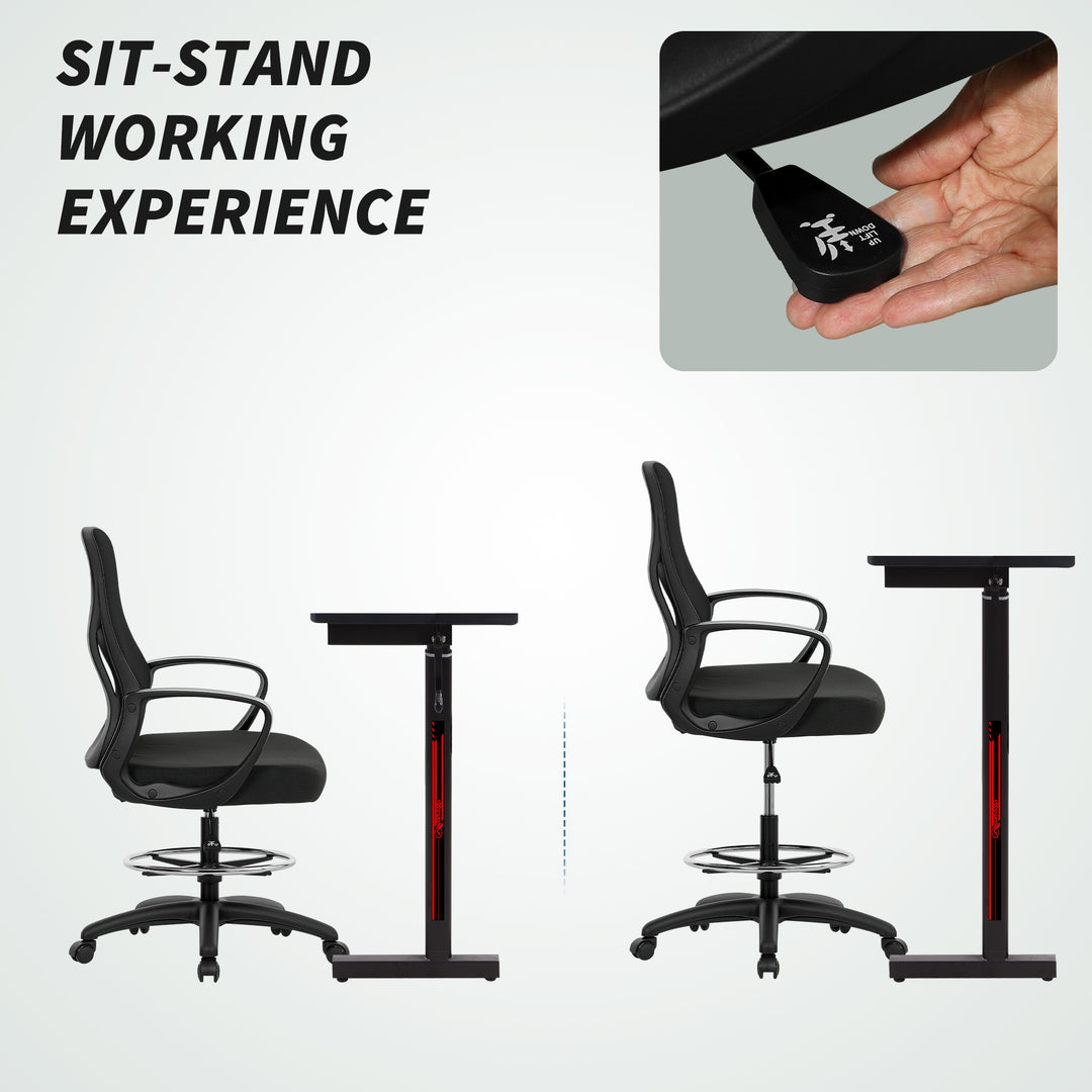 Drafting Chair with Adjustable Footrest, Ergonomic Mesh Office Chair with Lumbar Support, Adjustable Height for Standing Desk, Black