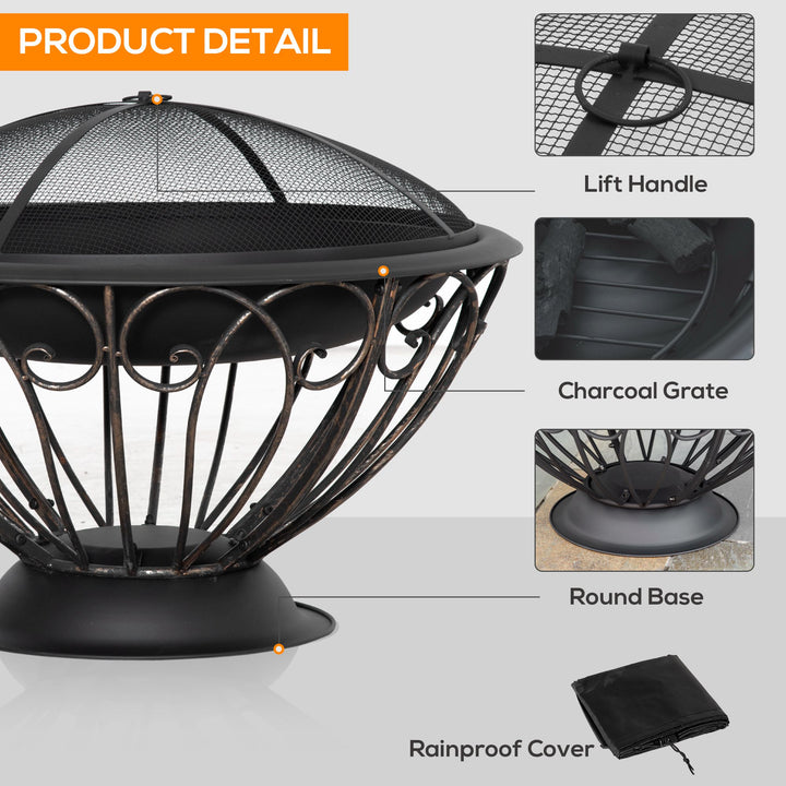 Outsunny Outdoor Fire Pit for Garden, Metal Fire Bowl Fireplace with Spark Screen, Poker, Log Grate and Rainproof Cover, Patio Heater, Bronze