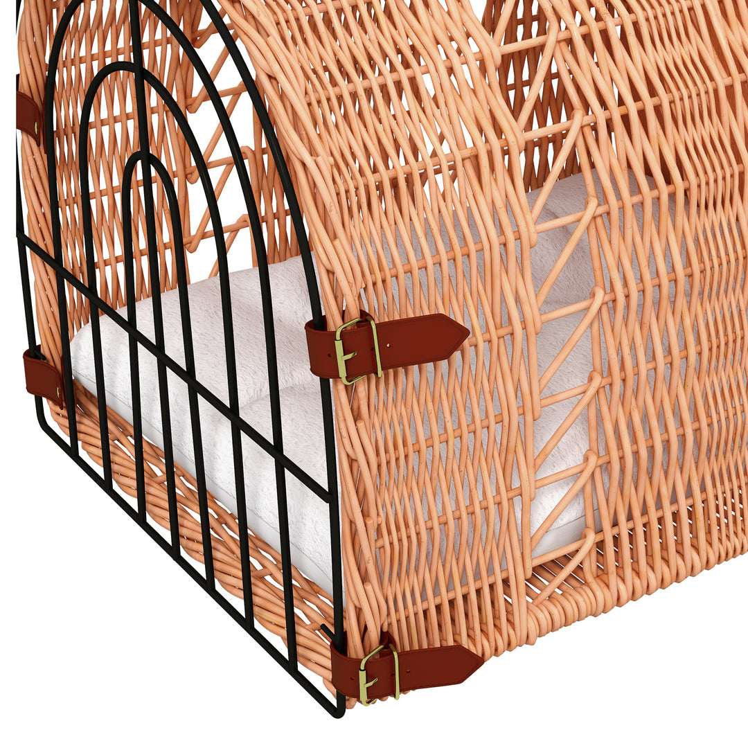 PawHut Rattan Cat Transport Basket, Cosy Kitten Bed with Soft Pillow, Portable Pet Hideaway, 37 x 28 x 29 cm, Orange