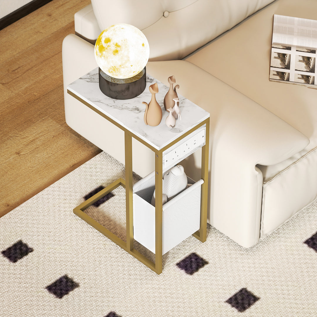 C Shaped Side Table with Charging Station and Faux Marble Top - White