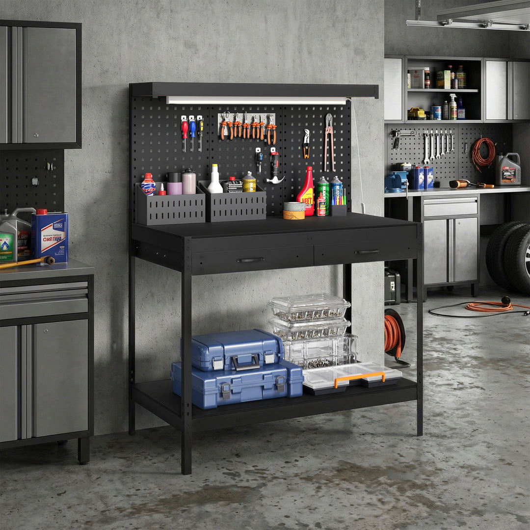 110 cm Workbench with Pegboard, Heavy Duty Work Table with Power Strip
