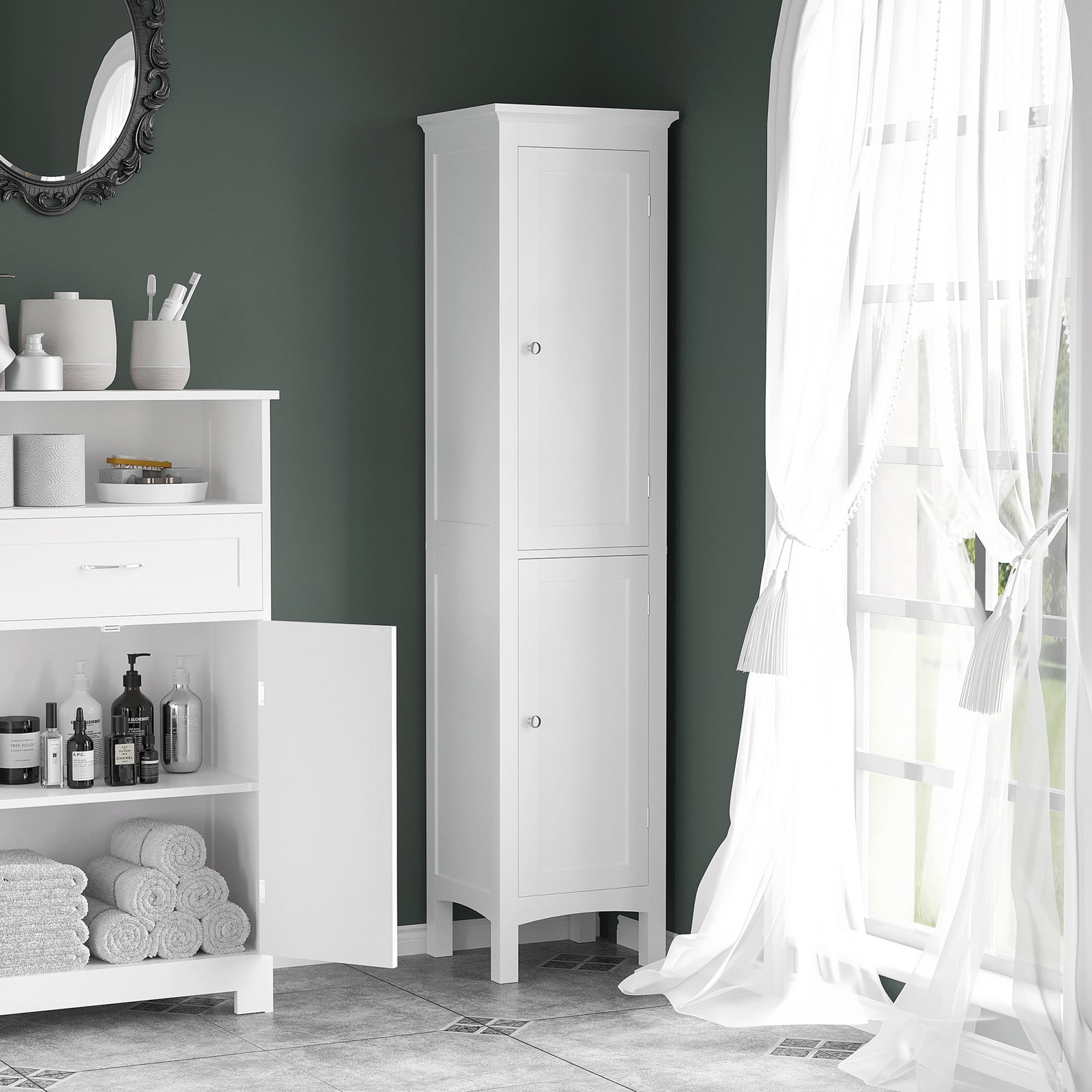 Tall Bathroom Storage Unit, Slim Bathroom Cabinet with Adjustable Shelves and Double Door, White