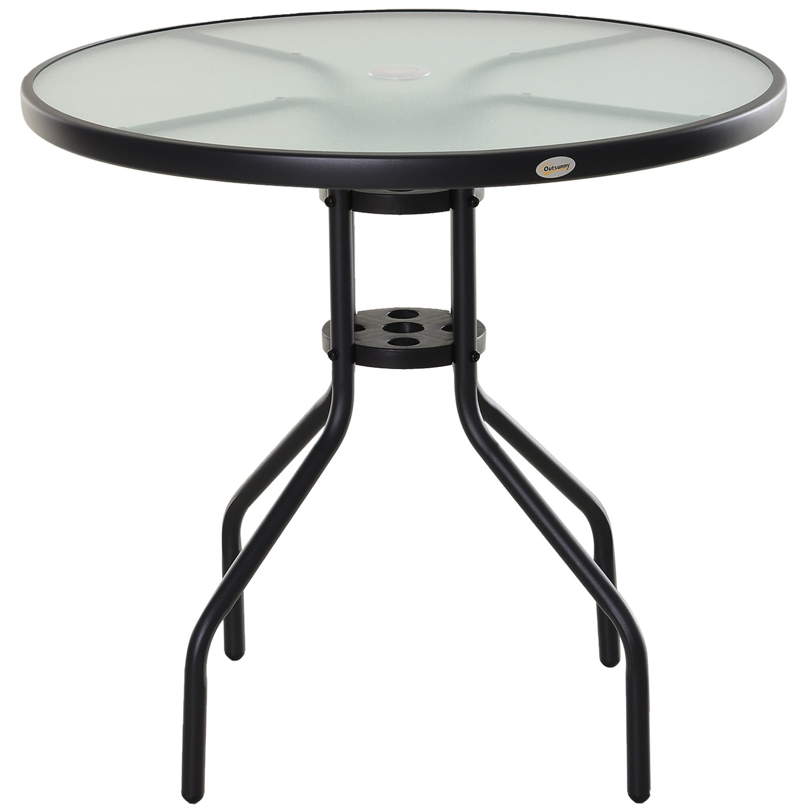 80 cm Round Garden Dining Table with Parasol Hole for 4, Outdoor Coffee Bistro End Side Table with Tempered Glass Top and Steel Frame for Patio, Porch, Black
