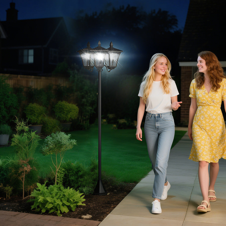 1.8m Traditional Victorian Style 3 Way Head Outdoor Garden Solar Post Lamp Sensor Dimmable LED Lantern Bollard Pathway IP44 – Black
