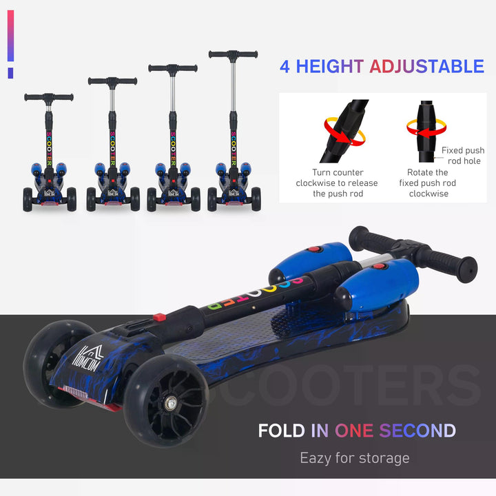 HOMCOM Kids 3 Wheel Kick Scooter Adjustable Height w/ Flashing Wheels Music Water Spray Foldable Design Cool On Off Road Vehicle Blue | Aosom UK