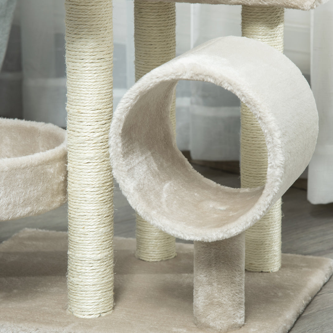 MCL Cat Tree for Indoor Cats Kitten Pet Scratching Post Perch Activity Center Scratcher Climb Post Play House Arch with Tunnel 105cm Tall Beige