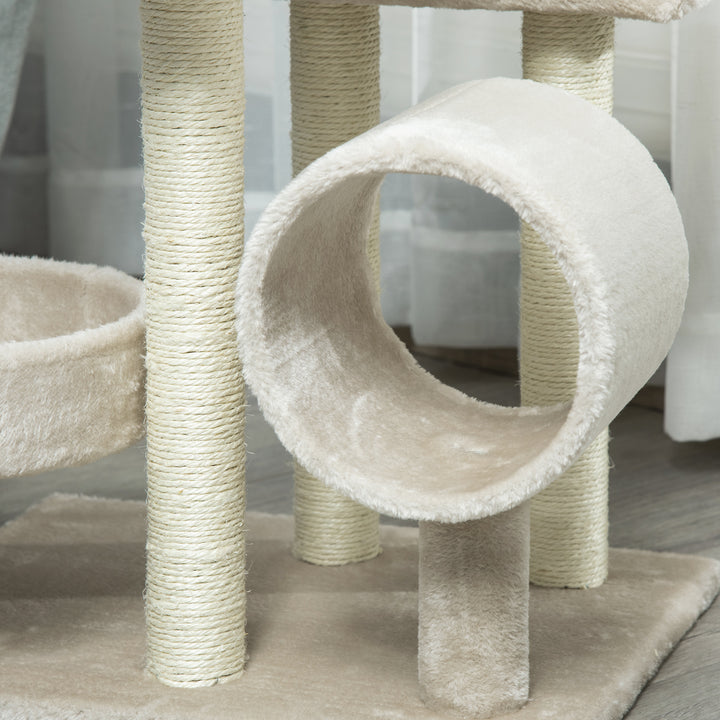 MCL Cat Tree for Indoor Cats Kitten Pet Scratching Post Perch Activity Center Scratcher Climb Post Play House Arch with Tunnel 105cm Tall Beige
