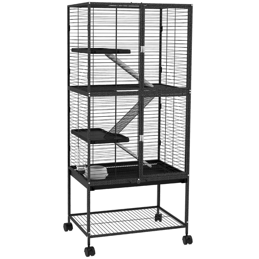 Rolling Chinchilla Cage, Small Animal Cage for Ferrets w/ Three Doors, Storage, Shelf, Tray Tray, Bowl, Water Bottle