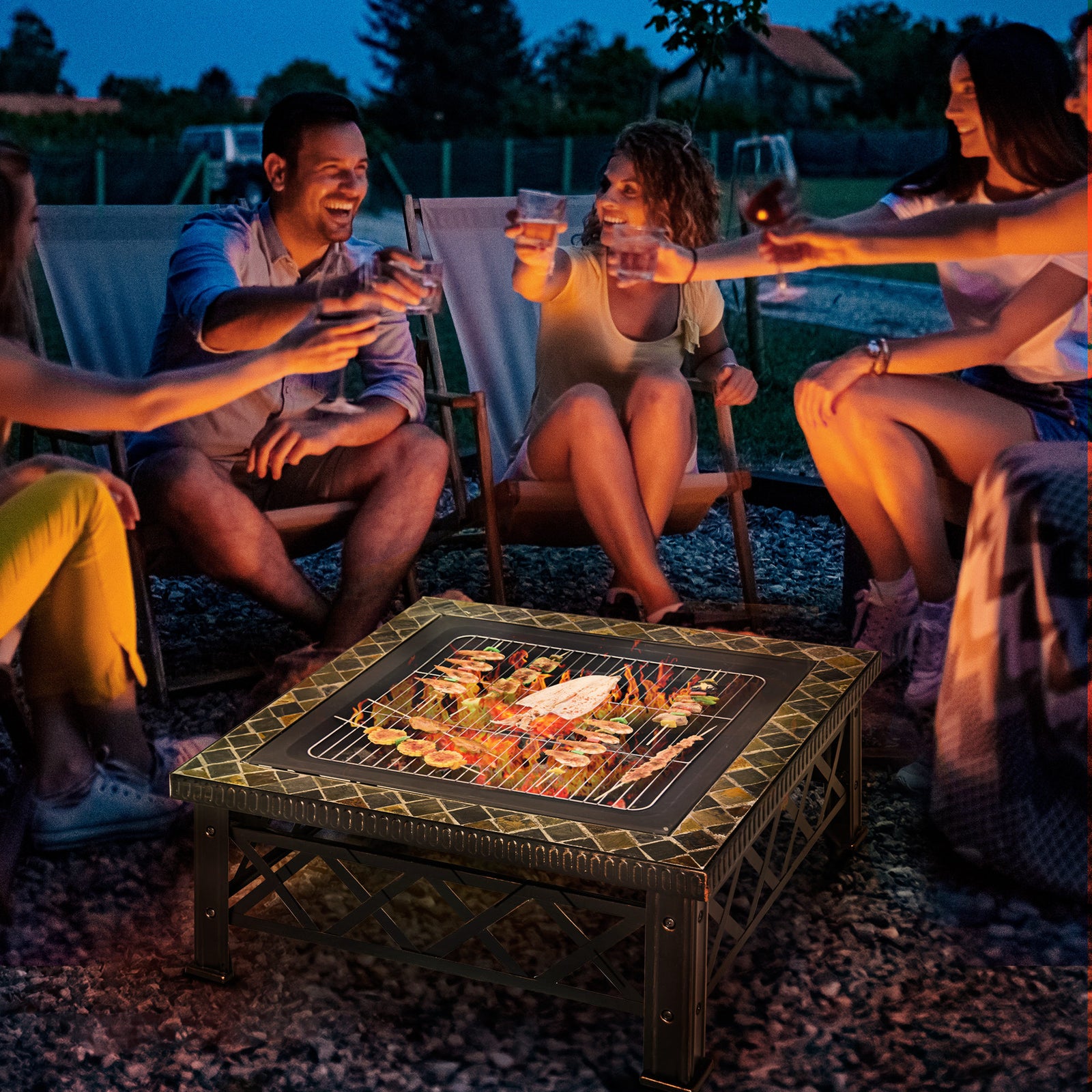Large Outdoor Fire Pit Table, 3 in 1 Square Wood Burning Firepit Metal Brazier, BBQ Grill, Ice Bucket w/ Grill Grate, Log Grate, Lid, Poker for Garden, Camping, Bonfire, 76 x 76 x 47cm, Black