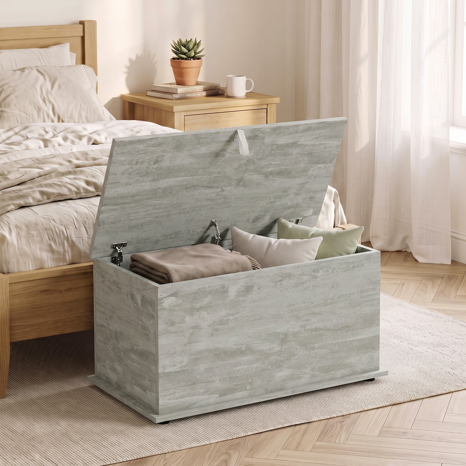 Storage Chest, 102L Blanket Box, Shoe Bench with Safety Hinged Lid, Be