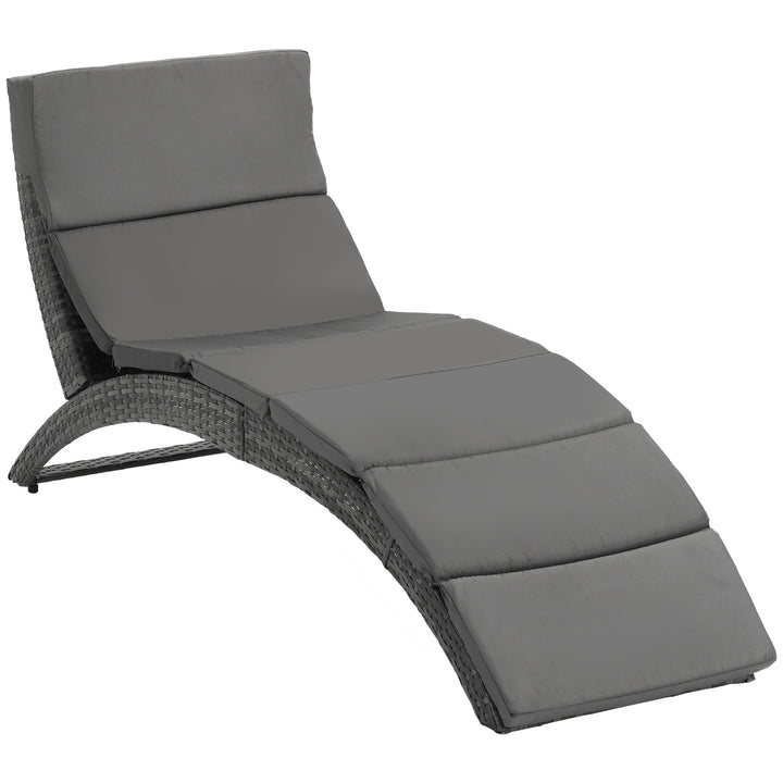 Outdoor Foldable PE Rattan Sun Lounger with Soft Padded Cushion, Ergonomic Curved Design Sun Bed for Balcony, Garden, Grey