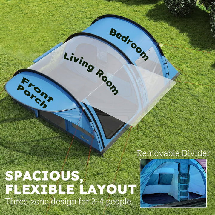 4 Person Easy Setup Family Camping Tent with 2 Rooms, Waterproof Tunne