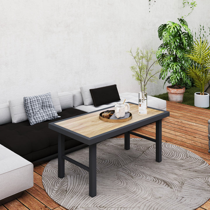 Metal Garden Coffee Table, Outdoor Side Table with SPC Woodgrain Tabletop for Outside, Garden, Balcony, Porch, 100 x 53 x 46cm, Brown Wood Effect