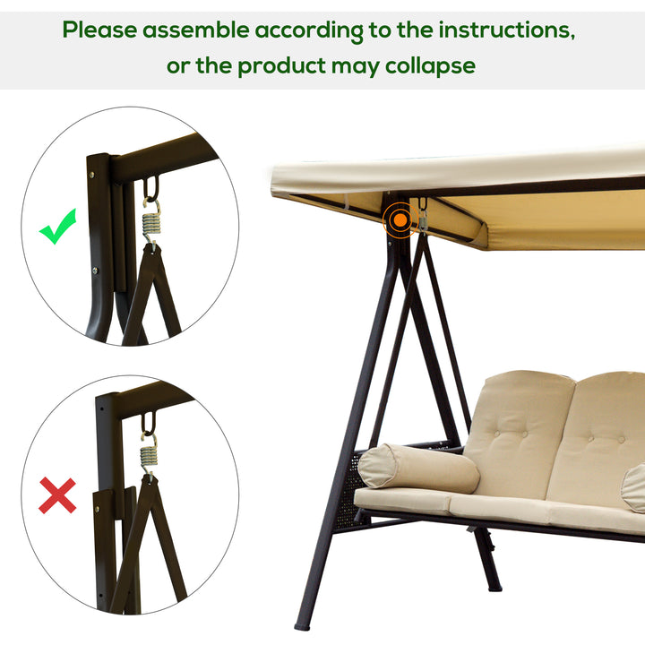 Swing Chair Hammock Chair 3 Seater Canopy Cushion Shelter Outdoor Bench Steel Beige