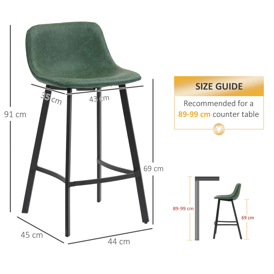 MCL Bar Stools Set of 2, PU Leather Dining Stools with Backrest, Footrest, for Kitchen, Counter, Breakfast Bar, Green