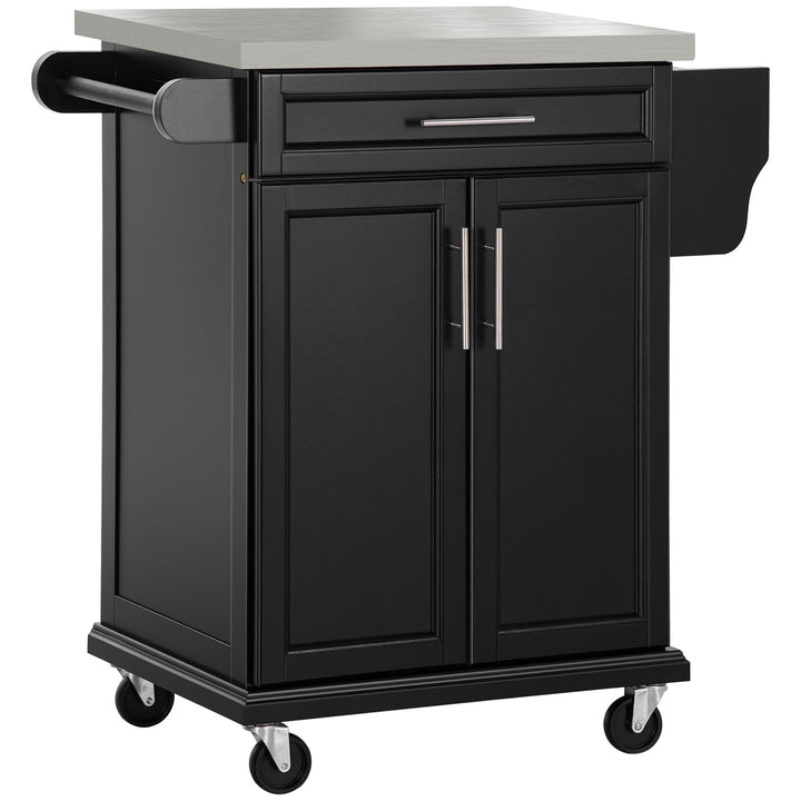 Wooden Kitchen Island on Wheels, Serving Cart Storage Trolley with Stainless Steel Top, Drawer, Side Handle and Rack, Black