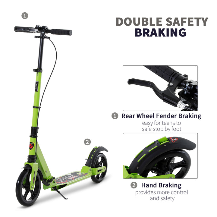 Kick Scooter, Folding 2 Wheel Scooter for 14+ Teens Adults, with Dual Brake System, Dual Suspension, 230mm Big Wheels, 3 Adjustable Handlebar, up to 100KG, Green