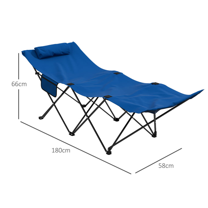 Camping Bed for Adults, Single Folding Camp Bed, Portable Camping Cot with Side Pocket, Headrest and Oxford Seat for Outdoor, Travel, Fishing, Dark Blue