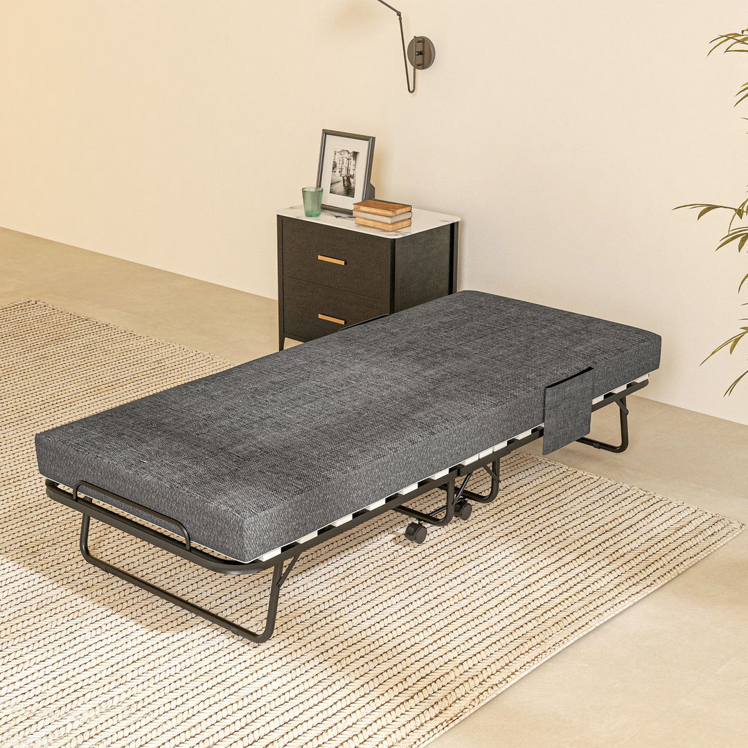 Single Steel Frame Folding Bed, with Wheels - Black/Grey