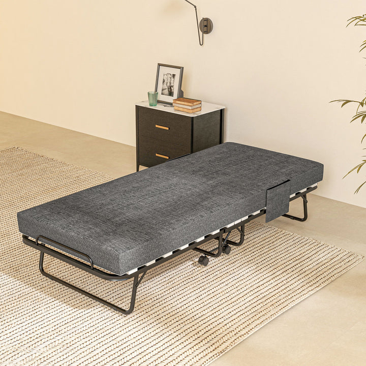 Single Steel Frame Folding Bed, with Wheels - Black/Grey
