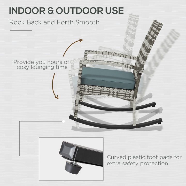 PE Rattan Garden Rocking Chair, Outdoor Rocking with Cushion, 160 KG Capacity Wicker Garden Armchair Rocker with Metal Frame for Patio, Porch, Balcony, Light Grey