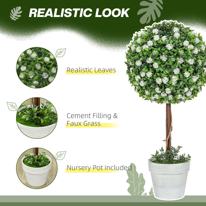 Set of 2 Decorative Artificial Plants, Ball Topiary Tree with Rose Flower in Pot, Fake Plants for Home Indoor Outdoor Decor, 60cm, White