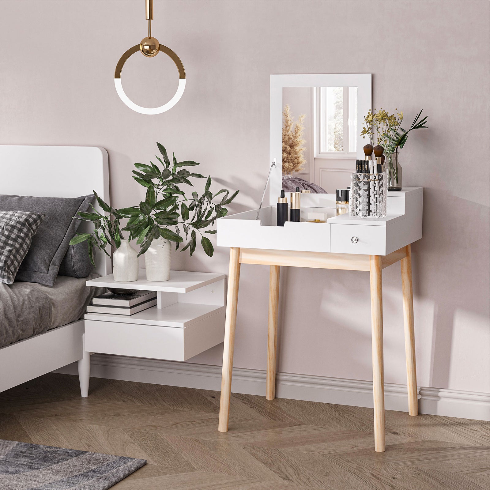 Dressing Table with Flip-up Mirror, Makeup Desk with 2 Drawers, Vanity Table Writing Desk for Bedroom Living Room, White