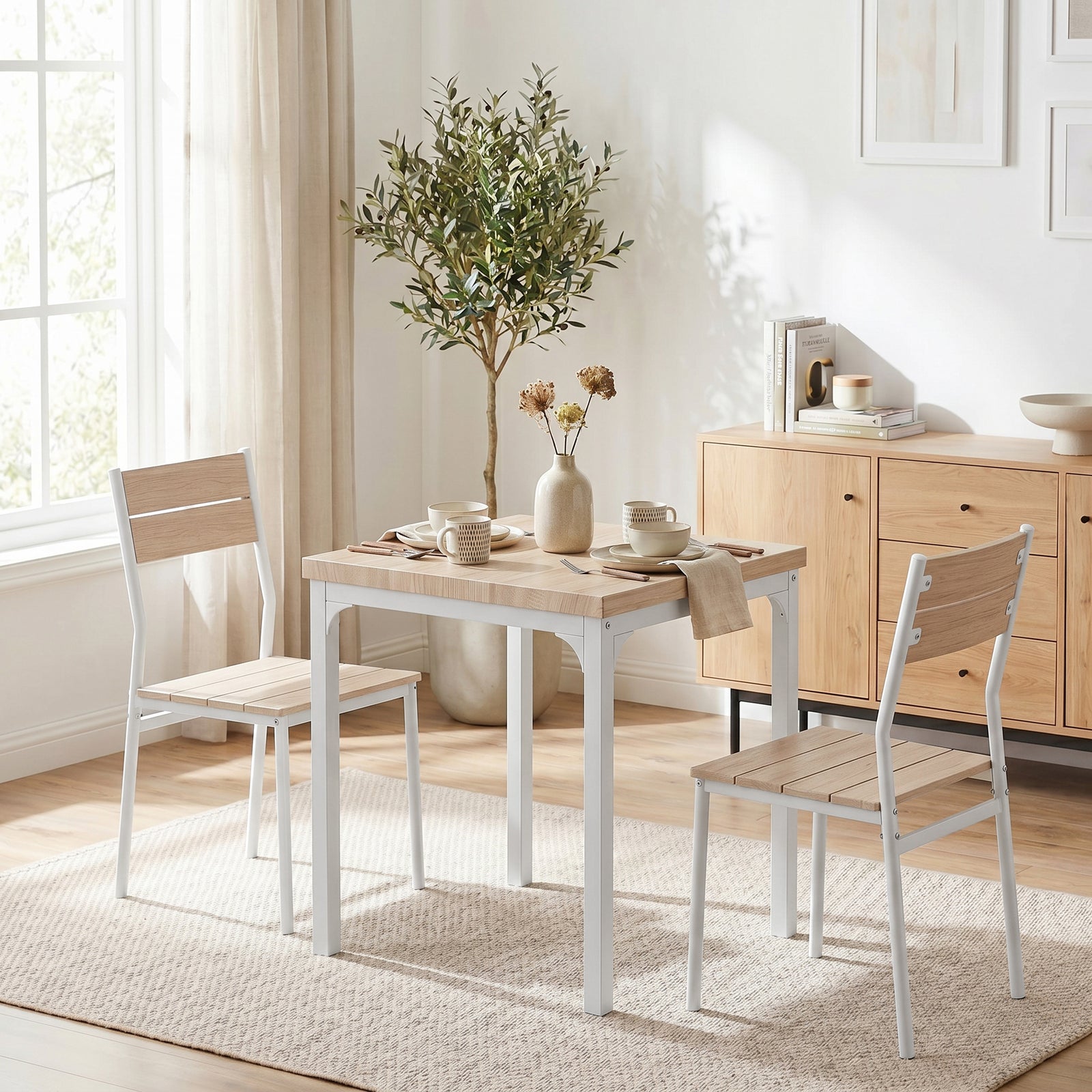 Three-Piece Minimal and Compact Dining Set, Oak Wood Effect