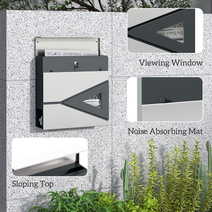 Wall Mounted Post Box with Viewing Window, 2 Lock, Modern Galvanised Steel Mailbox with Copper Core, Weatherproof Letterbox for Outdoor Use, Easy to Install, Silver