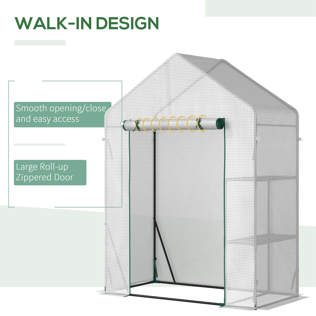 MCL Walk In Greenhouse with 2 Tier Shelf, Portable Gardening Plant Grow House Tomato Greenhouse with Roll up Zip Panel Door, Reinforced PE Cover, 143 x 73 x 195cm, Green