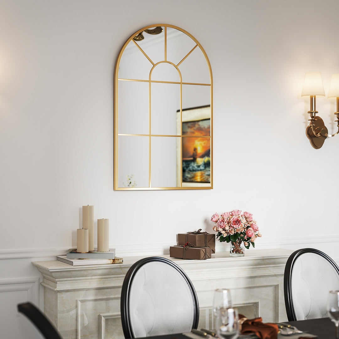 Modern Arched Wall Mirror, 91 x 60 cm Window Mirrors for Living Room, Bedroom, Gold Tone