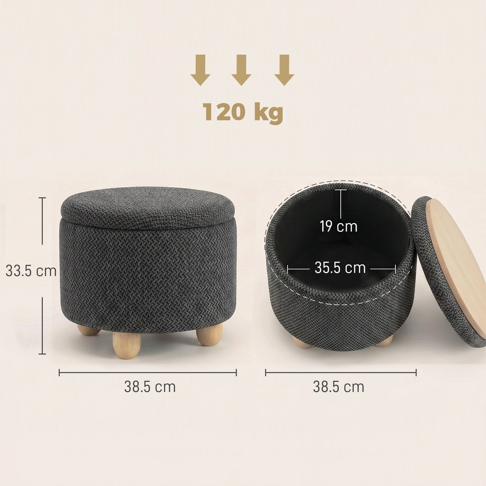 Storage Sitting Bench with Lid, Round Storage Ottoman with Rubberwood 
