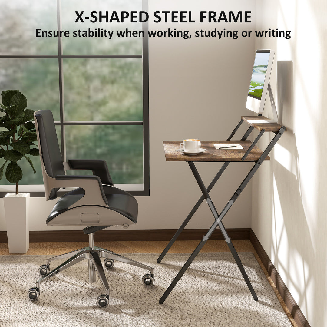 70 cm Folding Computer Desk with Monitor Shelf - Rustic Brown