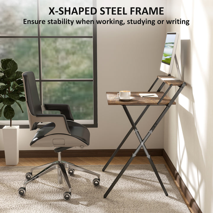 70 cm Folding Computer Desk with Monitor Shelf - Rustic Brown