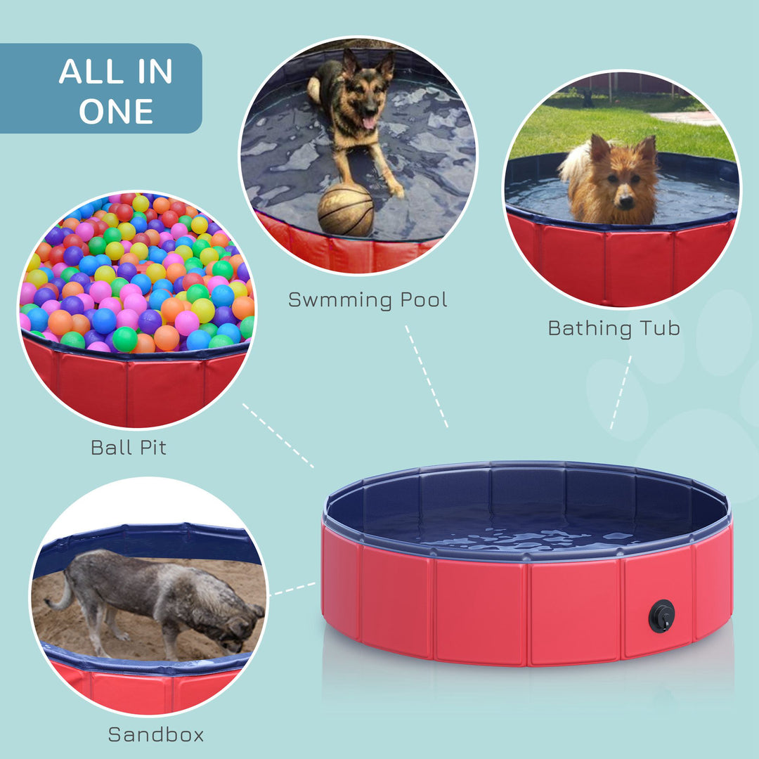 Foldable Dog Pool, 80 x 20 cm Pet Paddling Pool with Wood Board Support and Anti-Slip Bottom, Portable Doggy Paddling Pool for Garden and Outdoor Use, Red