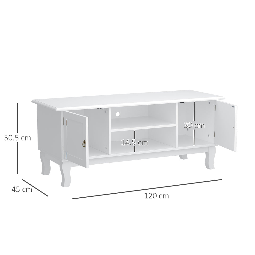 TV Unit up to 55", 2 Doors TV Cabinet with Open Storage Shelves and Cable Management for Living Room, Bedroom, Entertainment Room, 120L x 45W x 50.5H, White