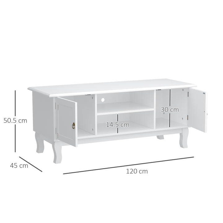 TV Unit up to 55", 2 Doors TV Cabinet with Open Storage Shelves and Cable Management for Living Room, Bedroom, Entertainment Room, 120L x 45W x 50.5H, White