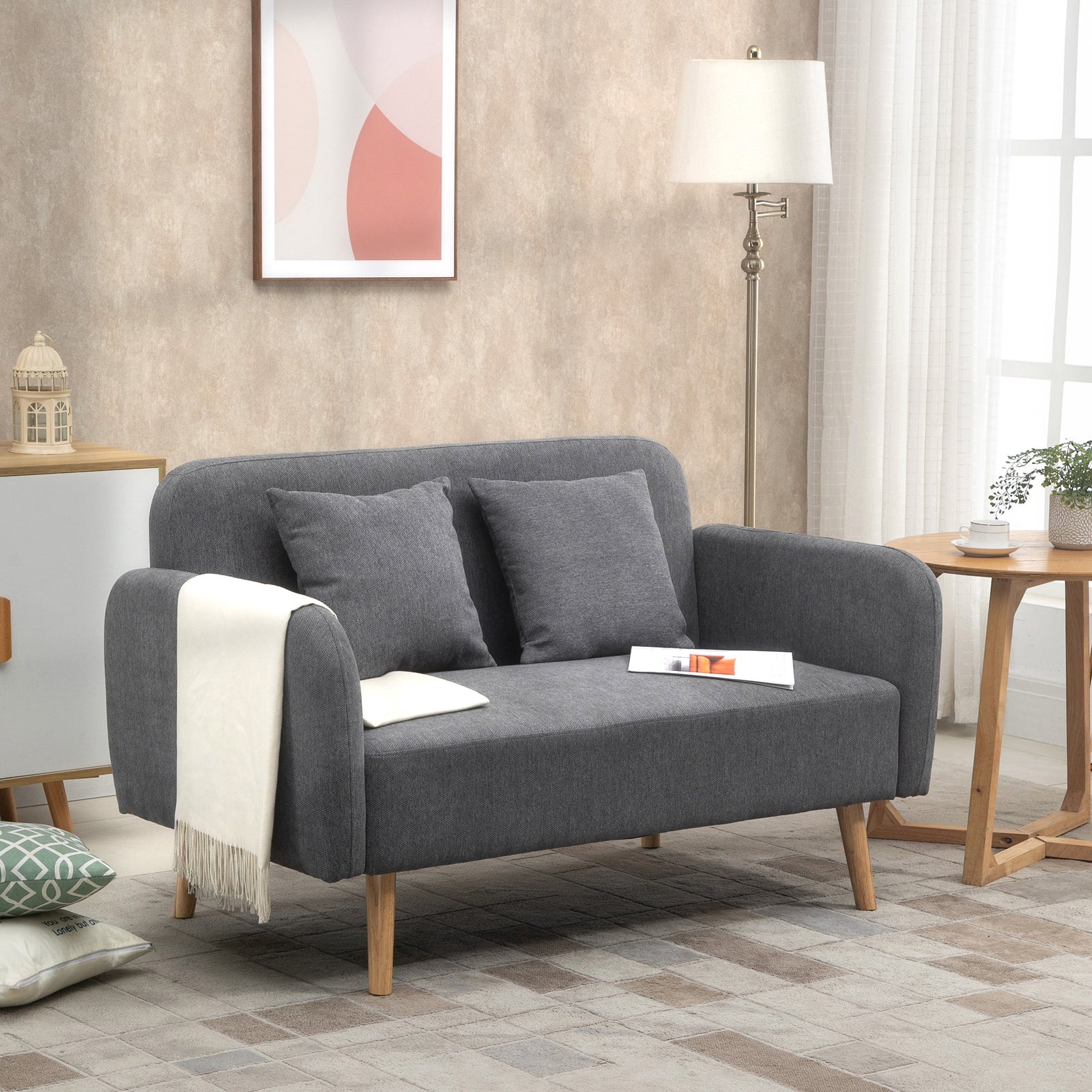 2 Seater Sofa, Modern Fabric Loveseat Sofa, Small Couch with 2 Pillows, Armrest and Wood Legs for Living Room, Bedroom, Home Office, Grey