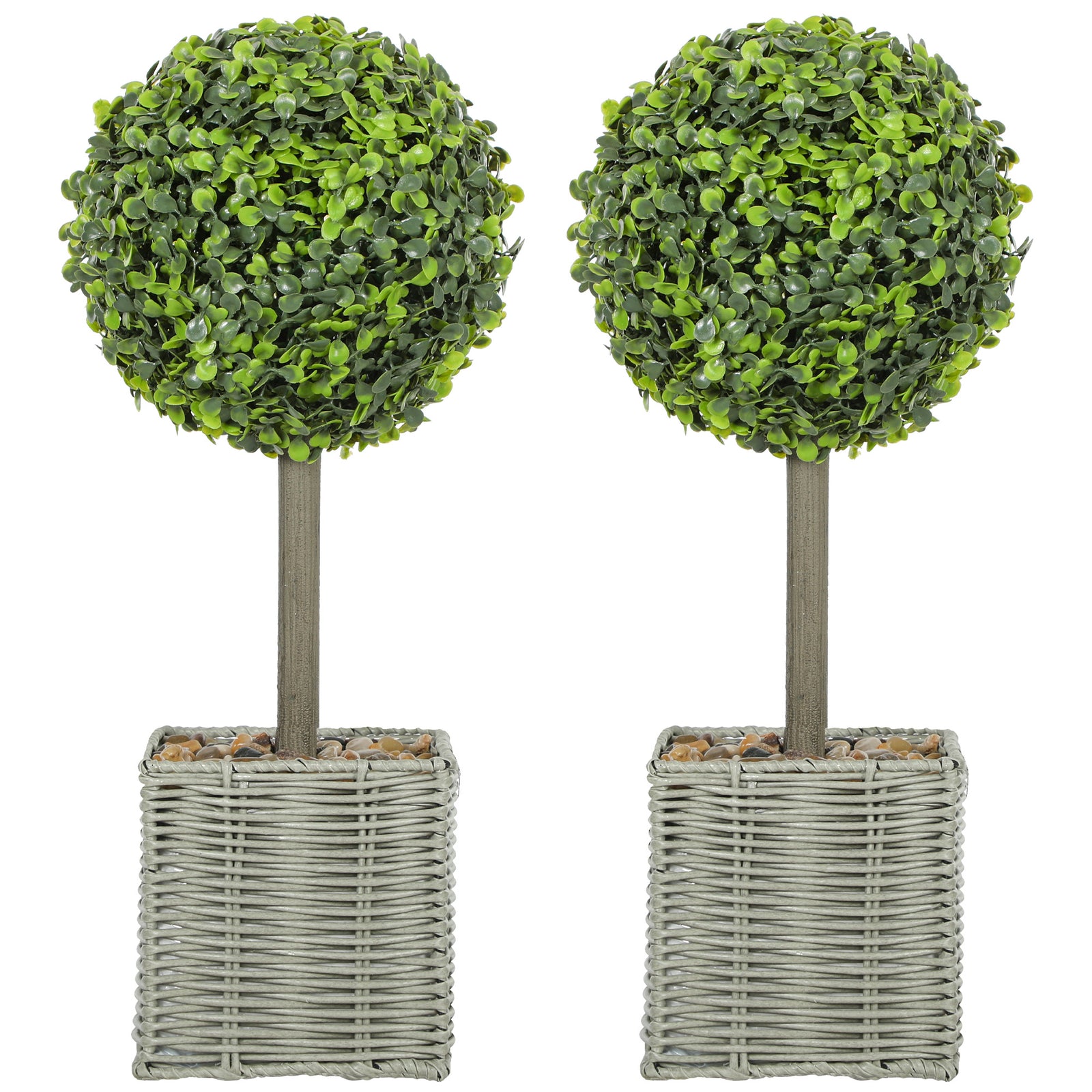 Set of 2 Decorative Artificial Plants, 50cm Faux Boxwood Topiary Balls with Woven Plastic Pot and Pebbles, Fake Plants for Home or Office Decor, Green