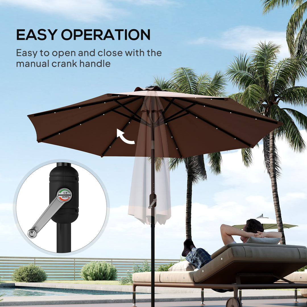 Φ2.7m Garden 24 LED Light Parasol Solar Outdoor Tilt Sun Umbrella Patio Club Party Event Manual Sun Shade w/ Hand Crank and 8 Ribs, Brown