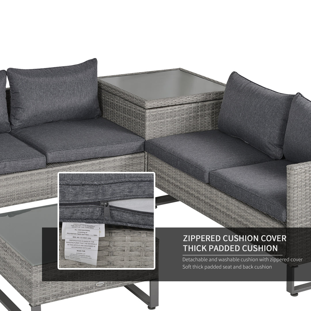4 Pieces Rattan Garden Furniture Set, 4 Seater Garden Sofa Set with Storage Box, Loveseats and Glass Top Table, Wicker Outdoor Conservatory Furniture with Cushions for Outdoor, Patio, Grey