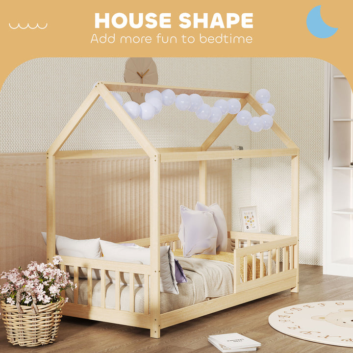House-Shaped Kids Bed Frame with Guard Rails, Solid Pine Wood Single Bed Frame for Kids Boys and Girls