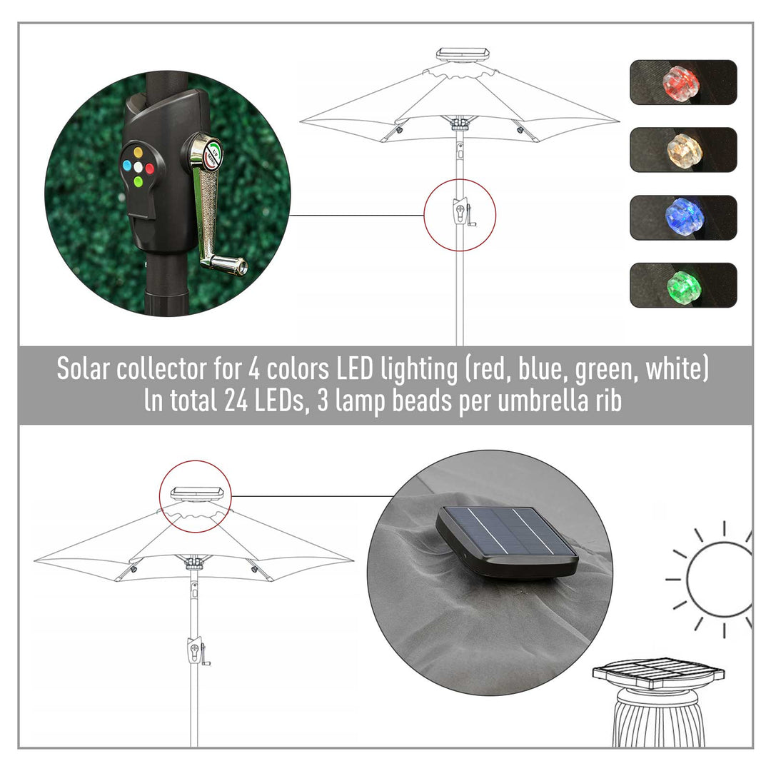 Φ2.7m Garden 24 LED Light Parasol Solar Outdoor Tilt Sun Umbrella Patio Club Party Event Manual Sun Shade w/ Hand Crank and 8 Ribs, Grey
