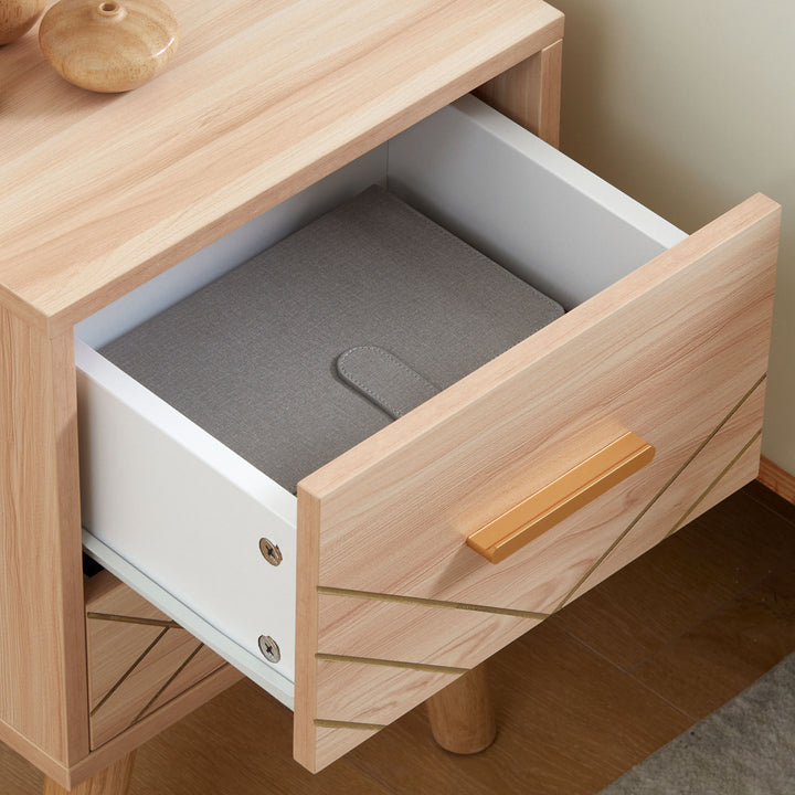 2-Piece Scandinavian Bedside Tables with Drawers, Bedside Cabinets with Wood Legs, Natural