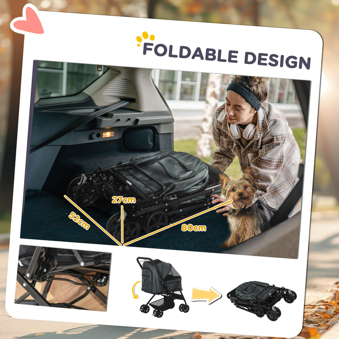 Pet Stroller Pushchair Foldable Travel Dog Cat Carriage w/ Reversible Handle Brake Basket