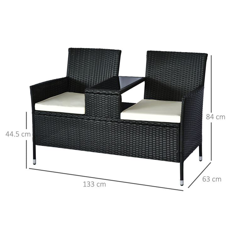 MCL 2 Seater Rattan Campanion Chair Wicker Loveseat Outdoor Patio Armchair with Drink Table Garden Furniture - Black