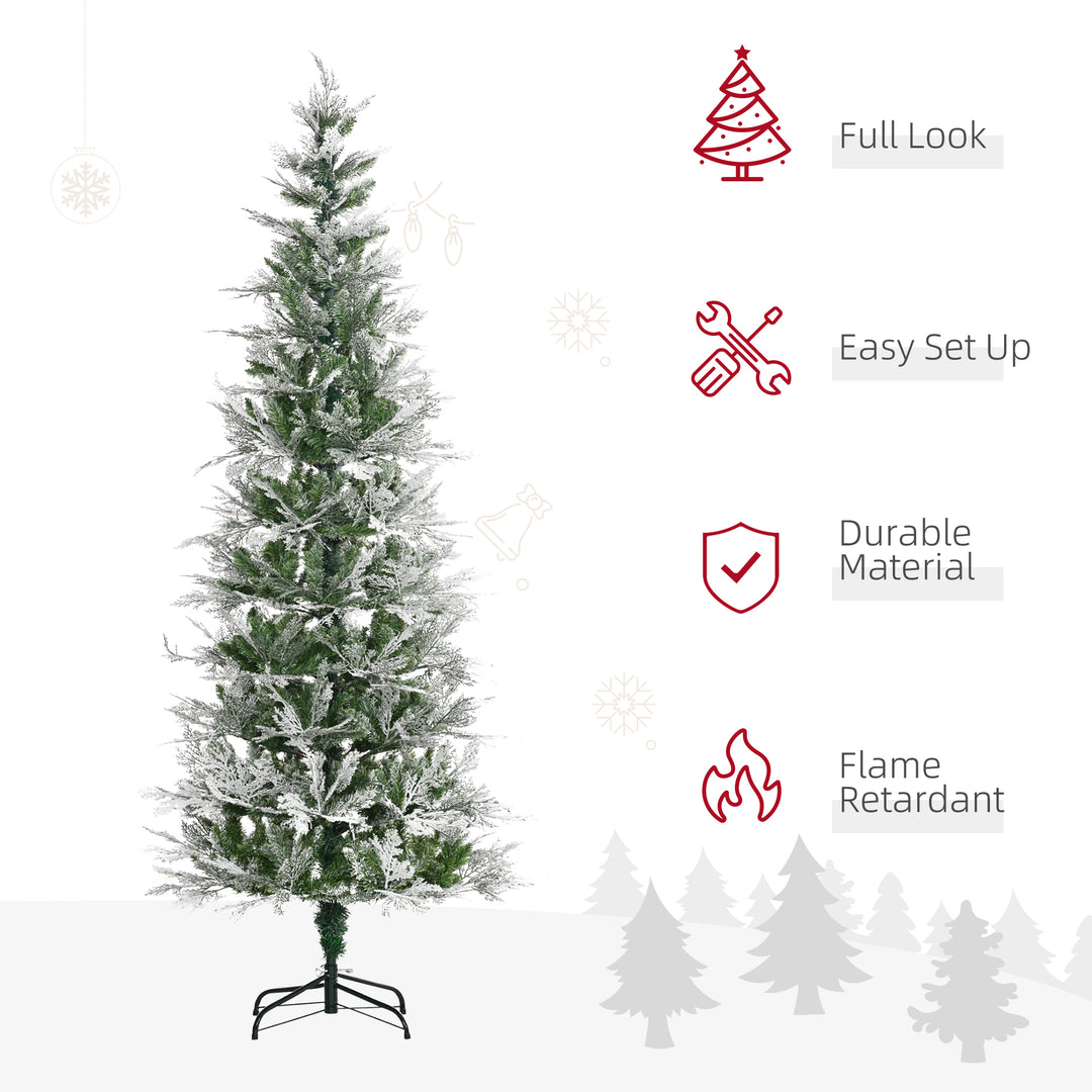MCL 7 Ft Pencil Snow Flocked Artificial Christmas Tree with Realistic Cypress Branches, Auto Open, Green