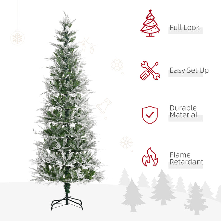 MCL 7 Ft Pencil Snow Flocked Artificial Christmas Tree with Realistic Cypress Branches, Auto Open, Green