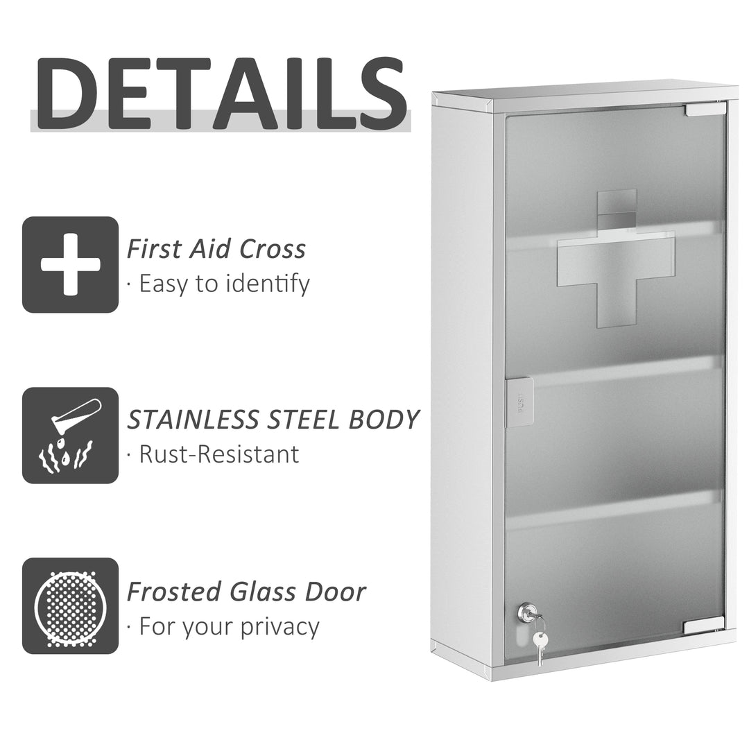 4 Tier Stainless Steel Wall Mounted Medicine Cabinet Glass Lockable Door Storage Shelves Houseware Bathroom Furniture 60Hx30Wx12D(cm) w/2 Keys