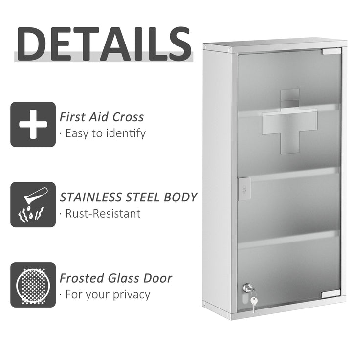 4 Tier Stainless Steel Wall Mounted Medicine Cabinet Glass Lockable Door Storage Shelves Houseware Bathroom Furniture 60Hx30Wx12D(cm) w/2 Keys